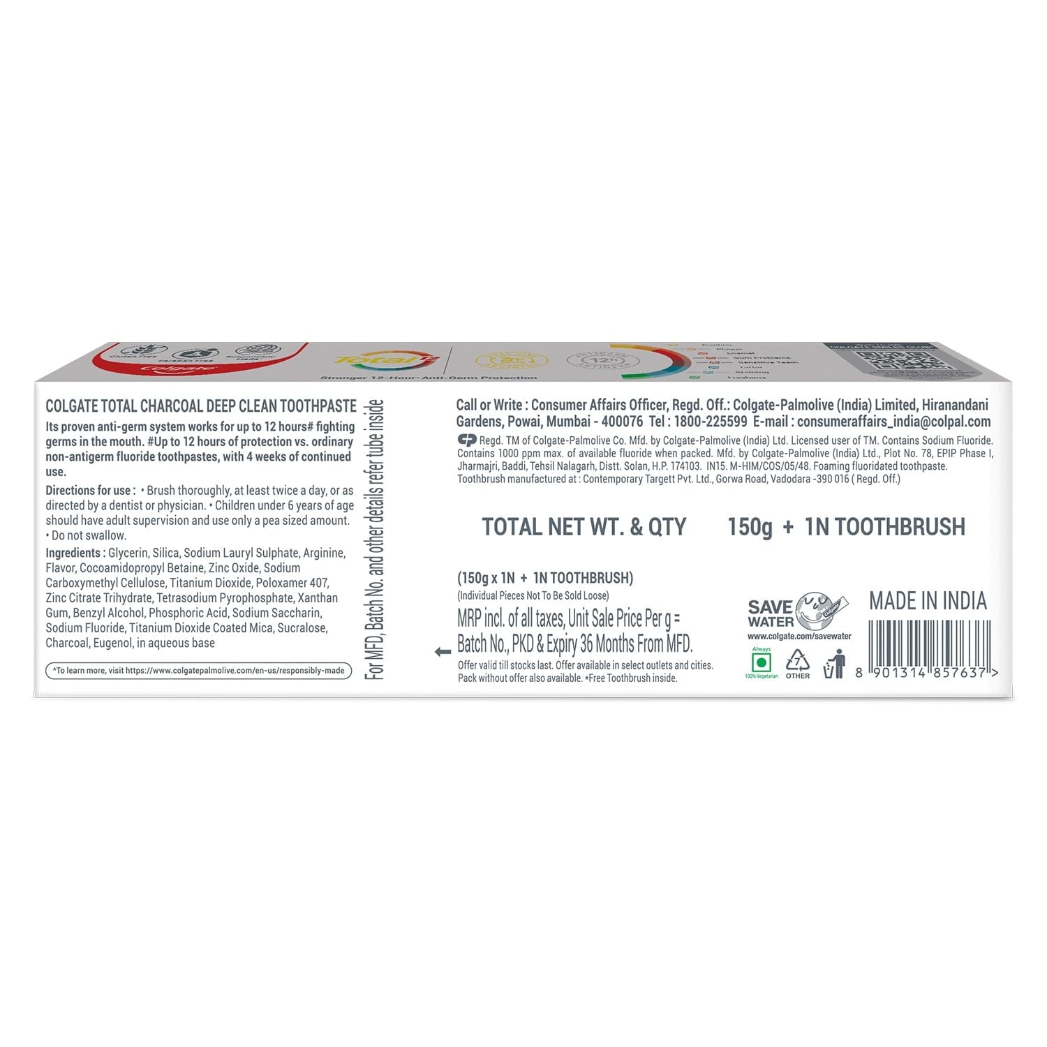 Close-up image of Colgate Total Charcoal toothpaste tubes.