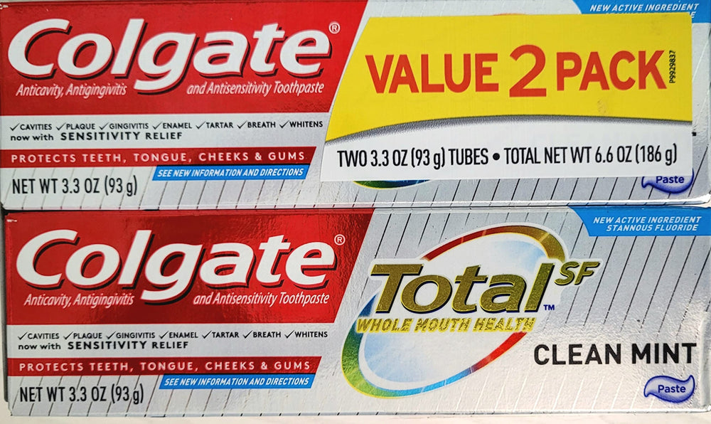 Colgate Total SF Clean Mint toothpaste 3.3 oz packaging in a 2-pack