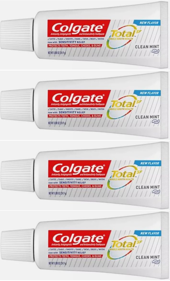 4-pack Colgate Total Clean Mint Toothpaste displayed on countertop
