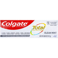 Close-up of Colgate Total Clean Mint toothpaste travel size tubes