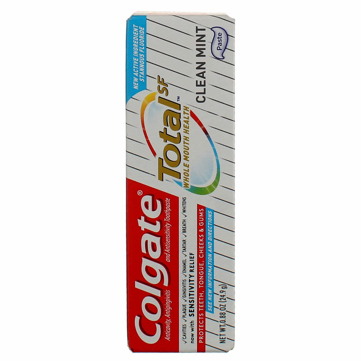 Eight travel-size Colgate Total Clean Mint toothpaste tubes, 0.88 oz each