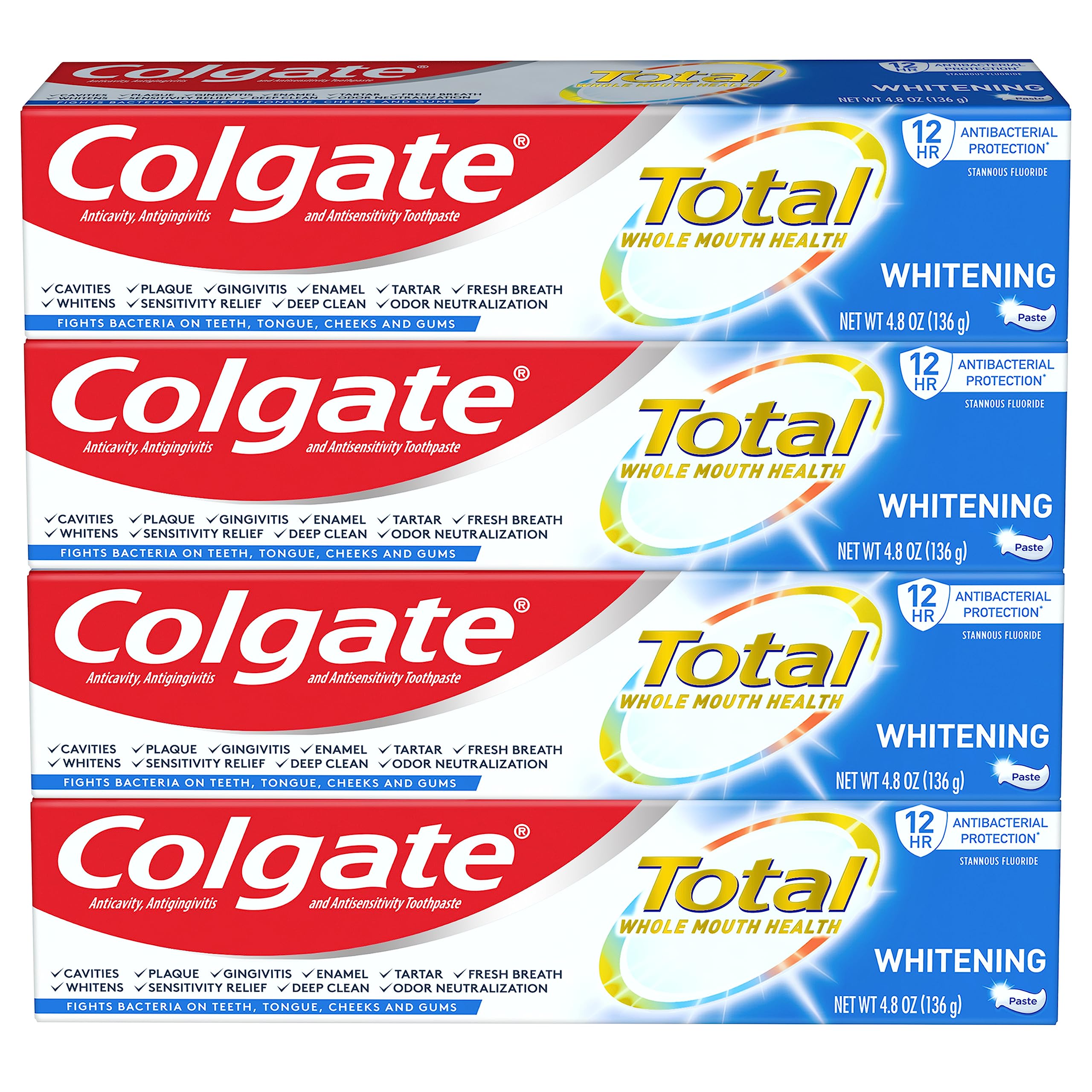 Colgate Total 4-pack toothpaste box on white background