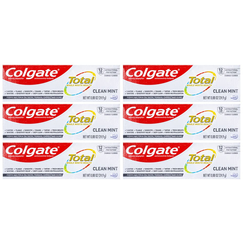 Six tubes of Colgate Total Toothpaste Clean Mint Travel Size 0.88 oz (24.9 g) - Pack of 6, front view
