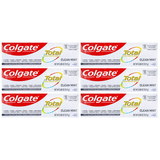 Six tubes of Colgate Total Toothpaste Clean Mint Travel Size 0.88 oz (24.9 g) - Pack of 6, front view