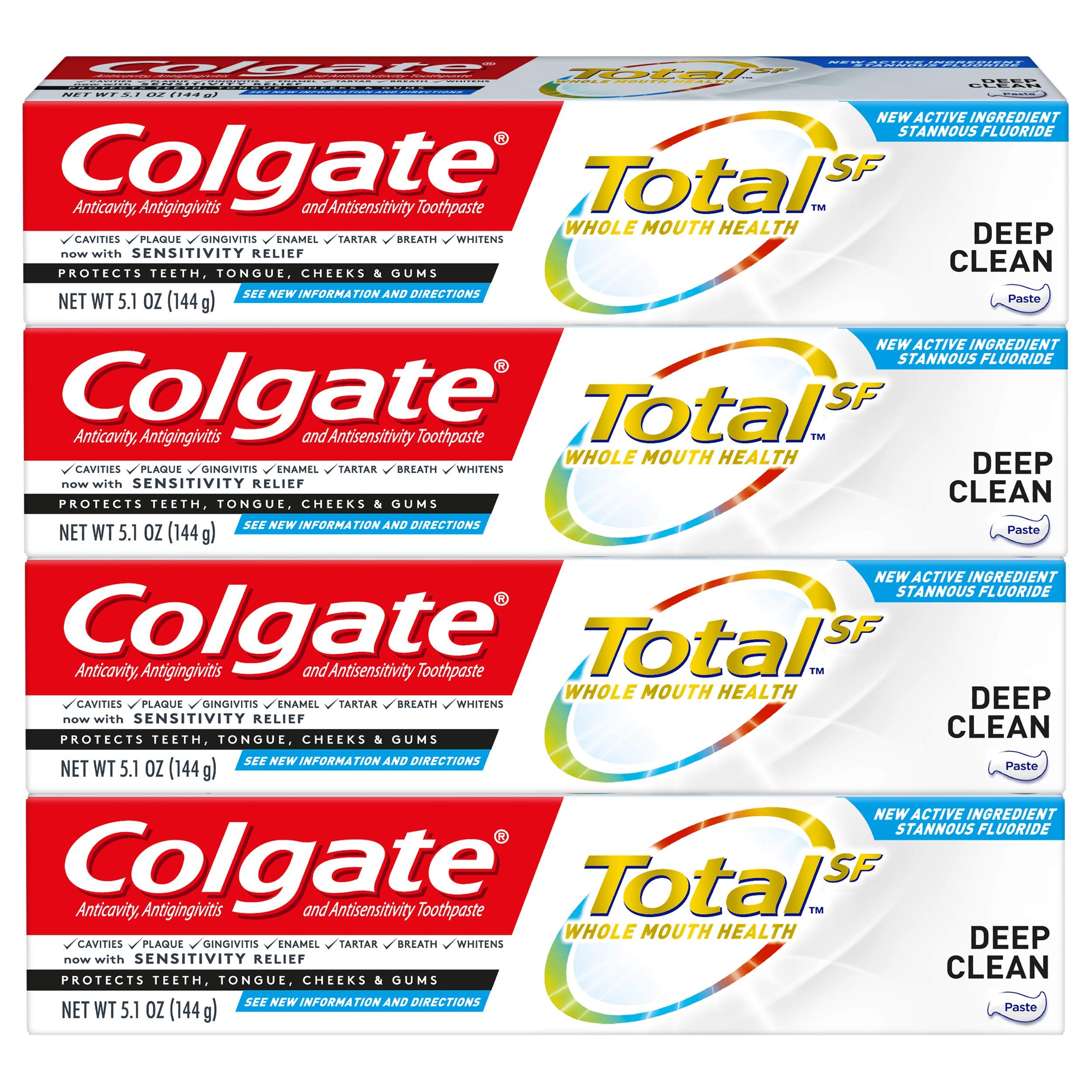 Front view of Colgate Total Deep Clean SF toothpaste 4-pack 5.1 oz tubes