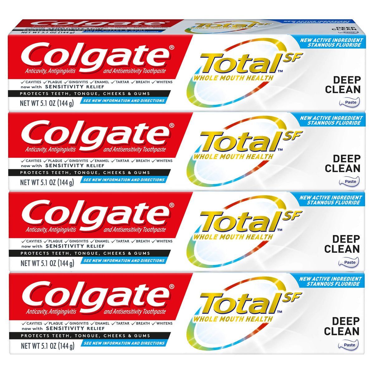 Front view of Colgate Total Deep Clean SF toothpaste 4-pack 5.1 oz tubes