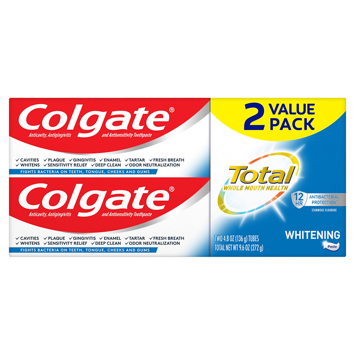 Front view of Colgate Total Whitening Toothpaste 4.8 oz 2-count