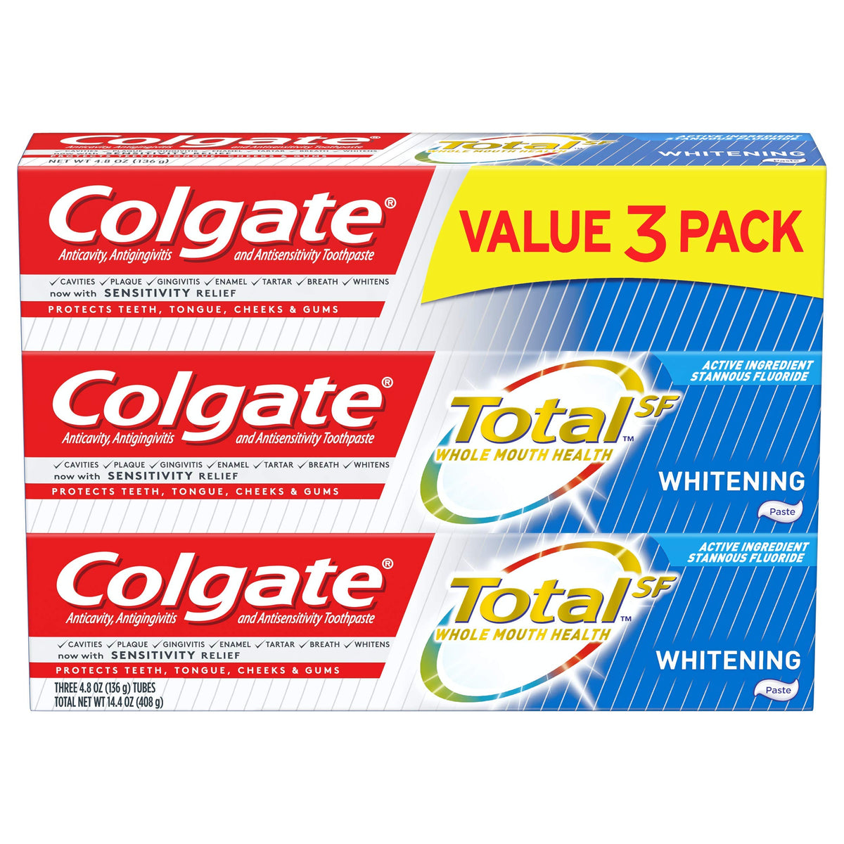 Front view of Colgate Total Whitening Toothpaste 4.8 oz 3-pack