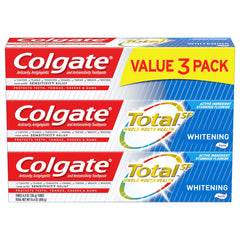 Front view of Colgate Total Whitening Toothpaste 4.8 oz 3-pack