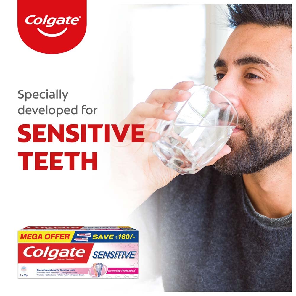 Product packshot showing Colgate Sensitive Everyday Protection 160g 2x80g tubes