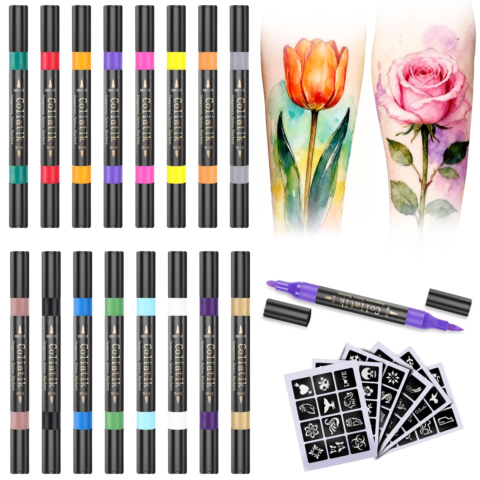 Coliatik tattoo markers kit with 16 colors for at-home body art.