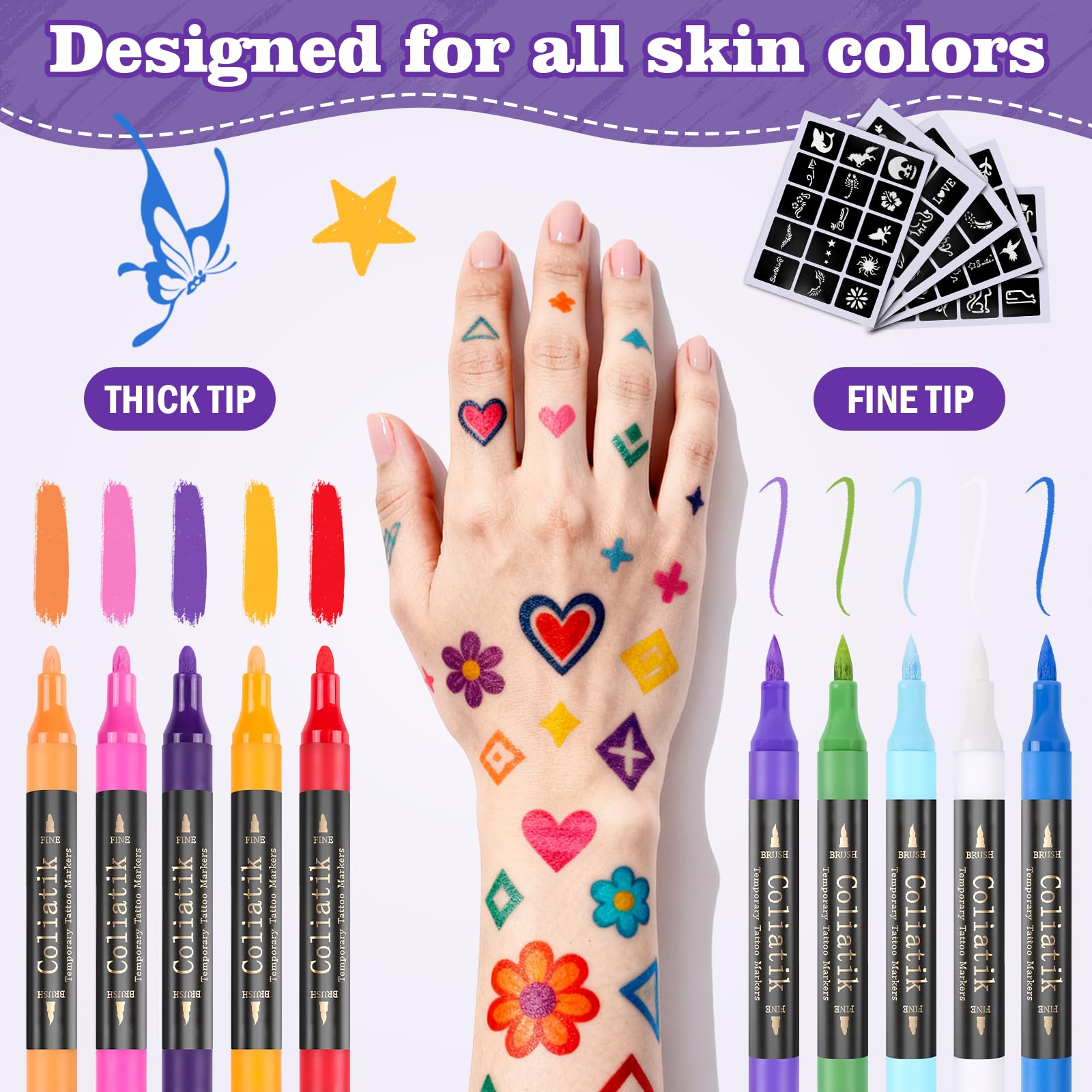 Coliatik markers with 80 stencils for professional-looking temporary tattoos.