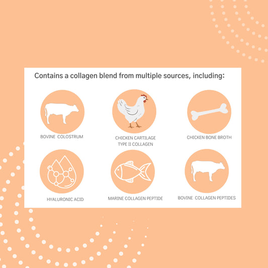 Graphic illustrating multi-sourced collagen ingredients (bovine collagen, Verisol, chicken bone broth, marine collagen and hyaluronic acid)