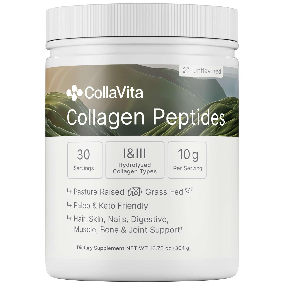 Colla Vita grass-fed collagen peptides powder in unflavored 10 oz container