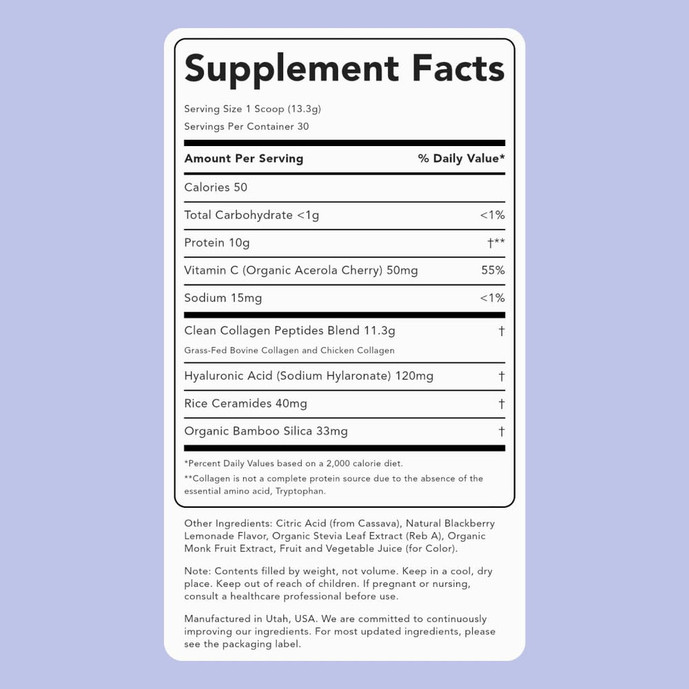 Hyaluronic acid and bamboo ingredients label for Collagen + Beauty Blend