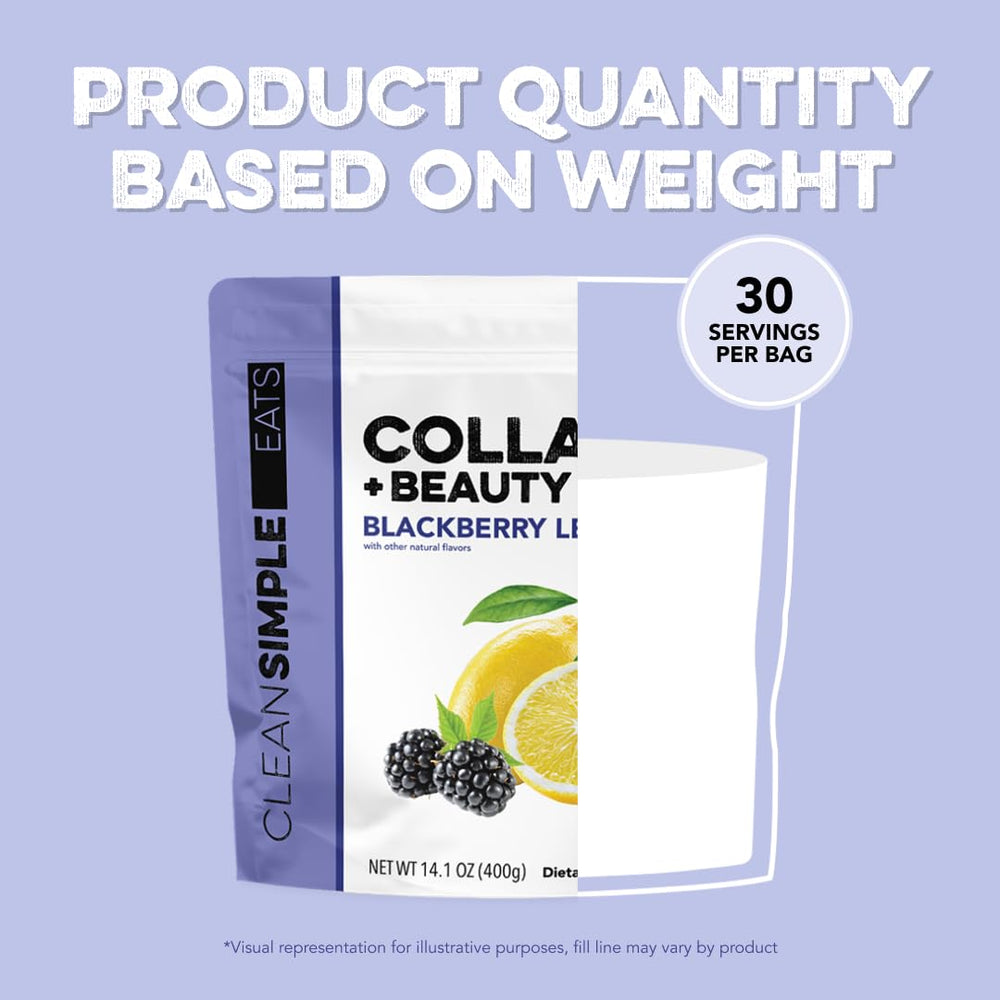 Serving scoop of Collagen + Beauty Blend with 30 servings per pouch