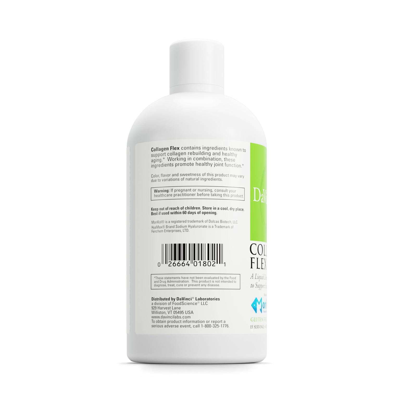 Close-up of Collagen Flex ingredients including Morikol marine collagen, biotin, Cordyceps sinensis, and Hyamax sodium hyaluronate