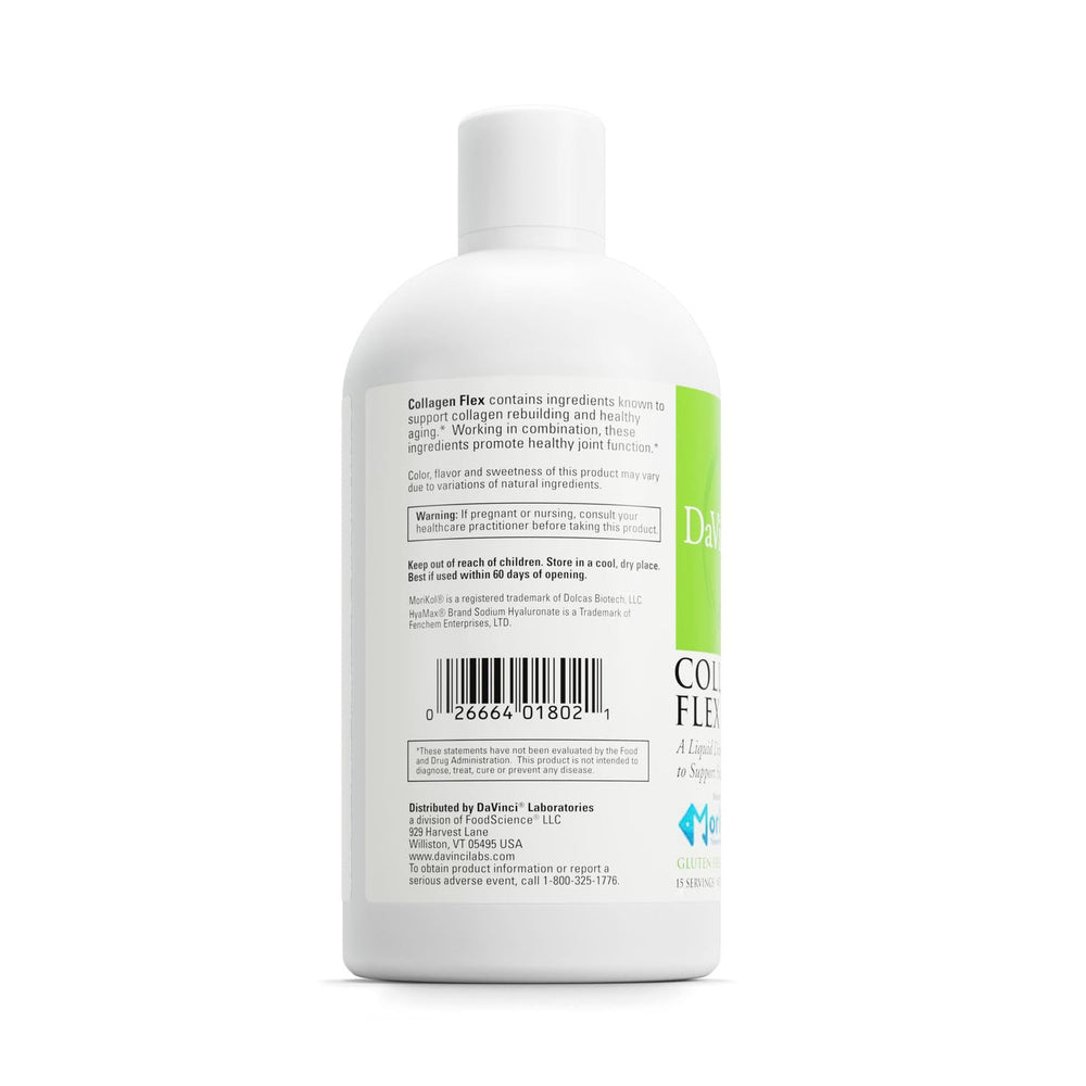 Close-up of Collagen Flex ingredients including Morikol marine collagen, biotin, Cordyceps sinensis, and Hyamax sodium hyaluronate