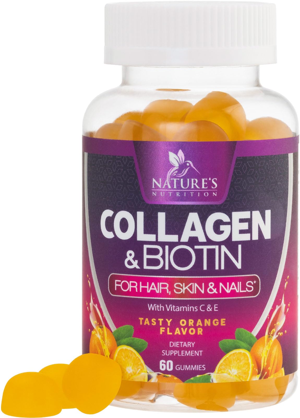 Bottle with collagen gummies label highlighting 2500mcg biotin, vitamin C, and zinc