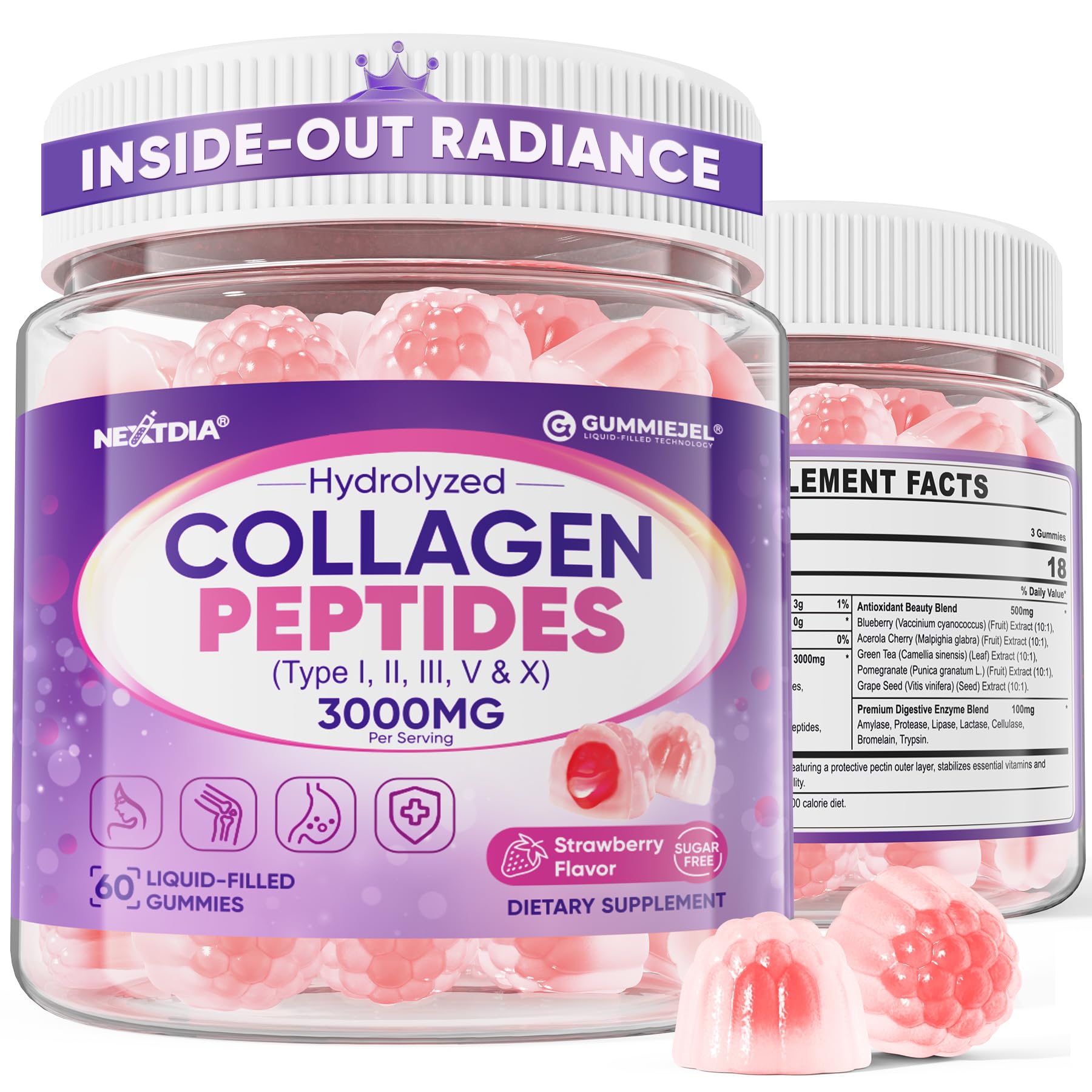 Multicolored collagen gummies bottle displaying 3000mg formula