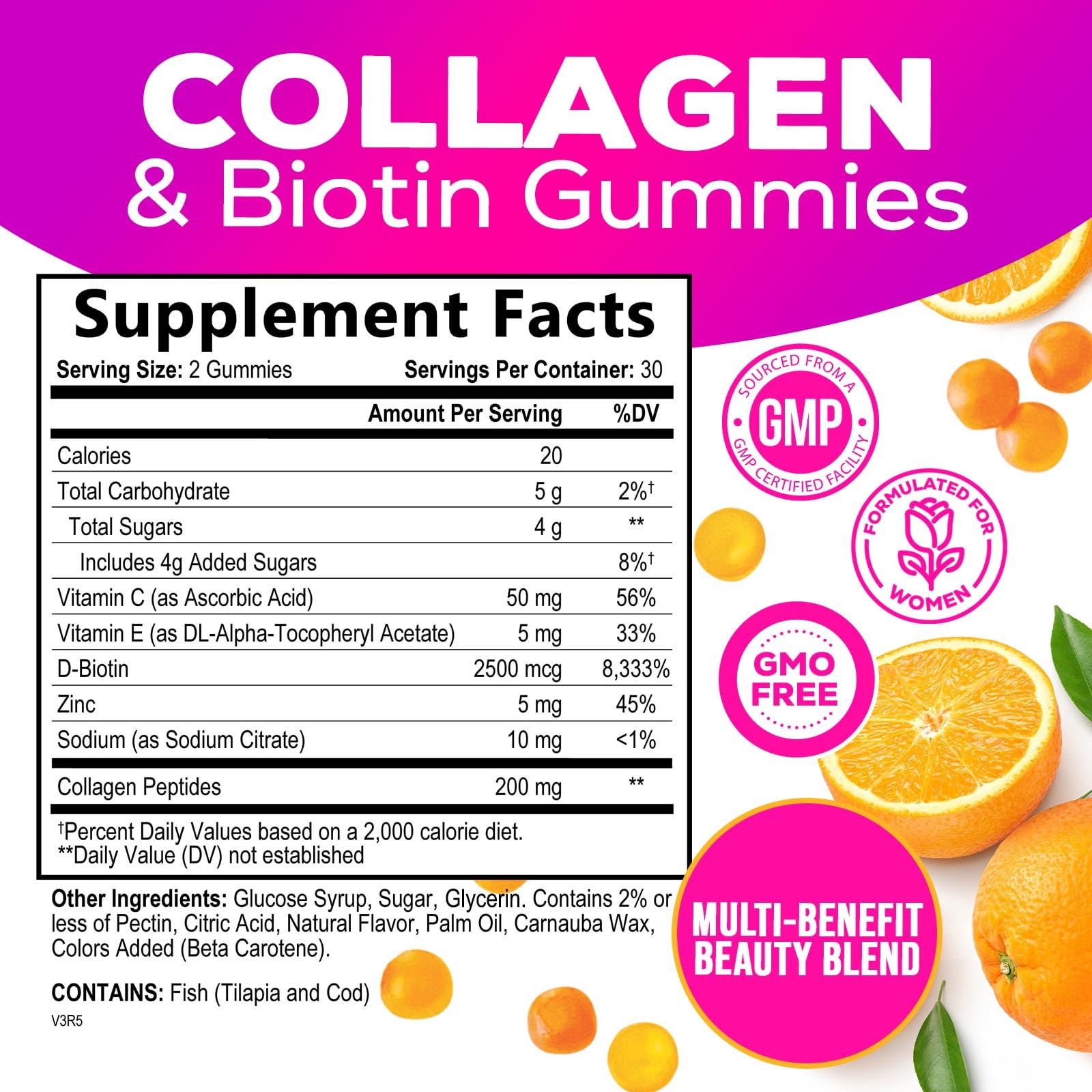 Close-up of collagen gummies label showing hydrolyzed peptides Type I & III