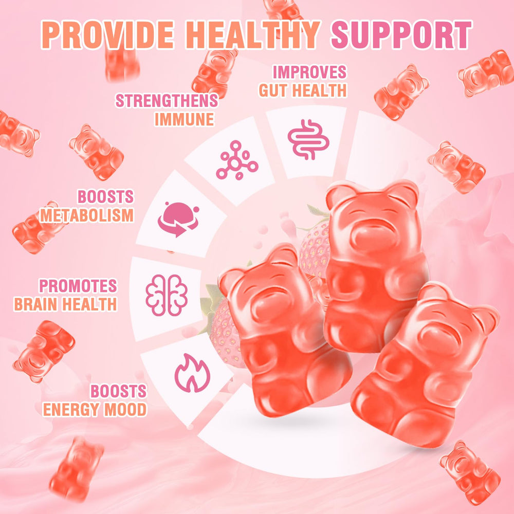 Collagen gummies shown with fresh strawberries