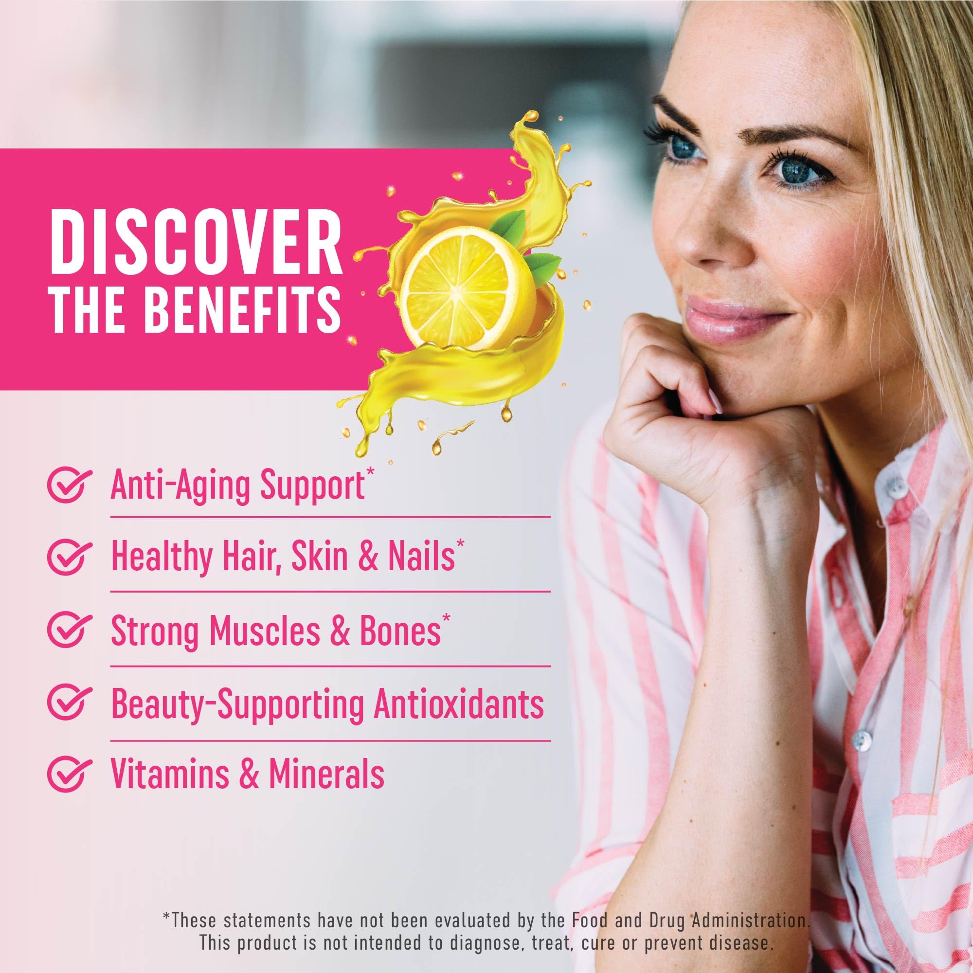 Ingredients label showing collagen, biotin, vitamin C, vitamin E, and zinc