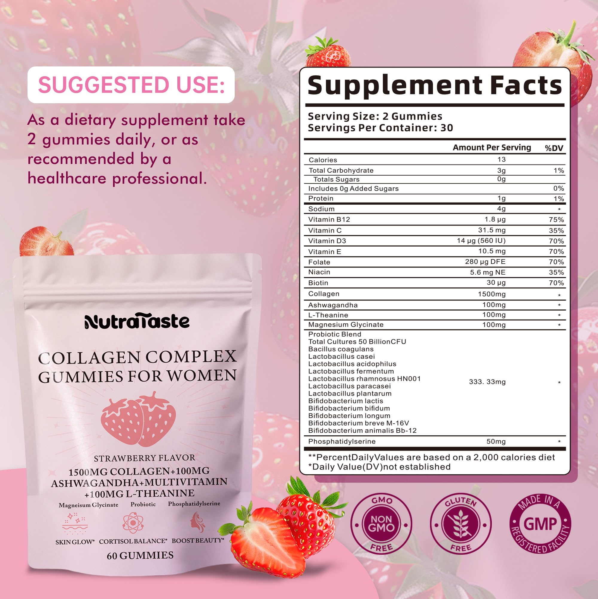 Close-up of strawberry-flavored collagen gummies