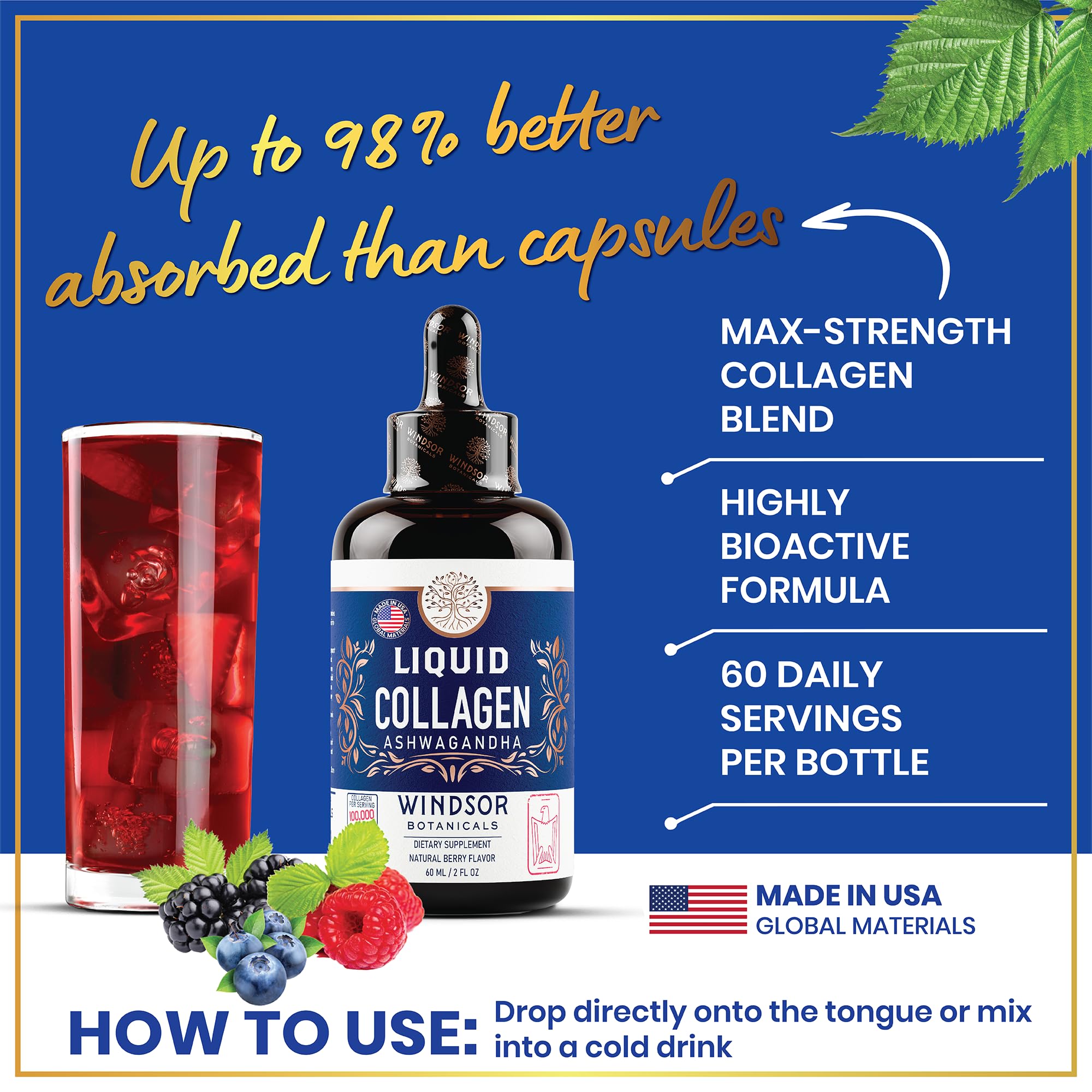 Close-up of hydrolyzed collagen peptides Type I & II liquid drops