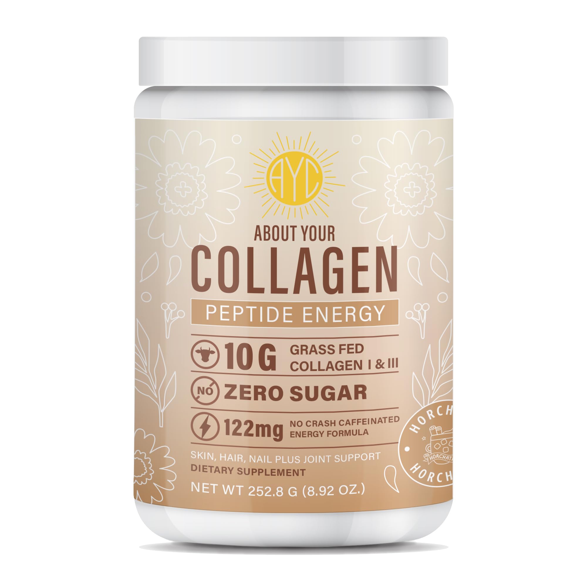 Front view of ABOUT YOUR COLLAGEN Peptide Energy Powder Horchata flavor 8.92 oz