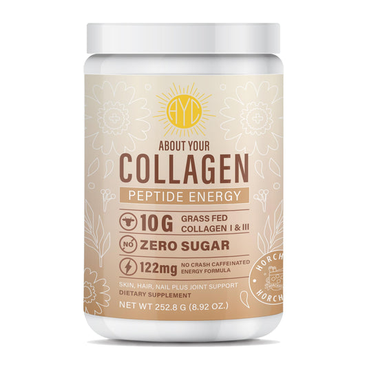 Front view of ABOUT YOUR COLLAGEN Peptide Energy Powder Horchata flavor 8.92 oz