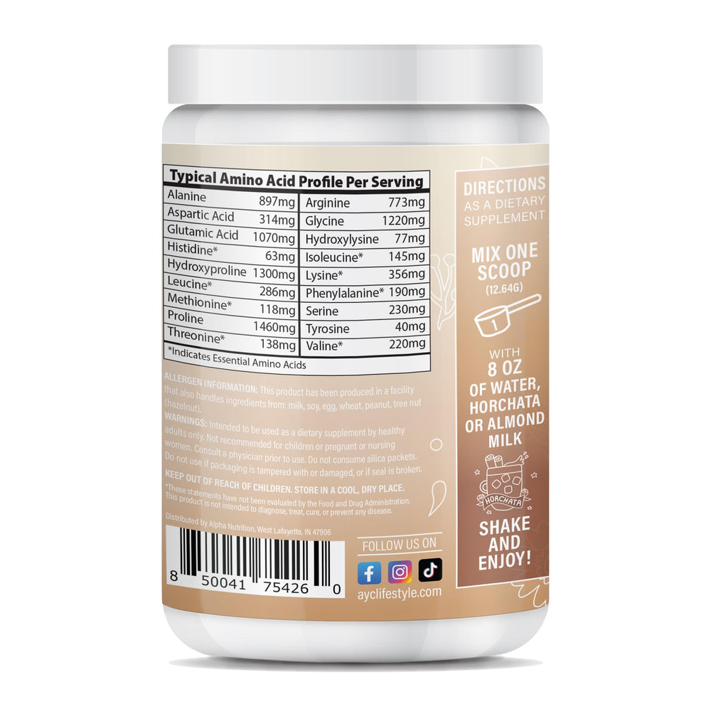 Close-up of collagen peptide energy powder texture