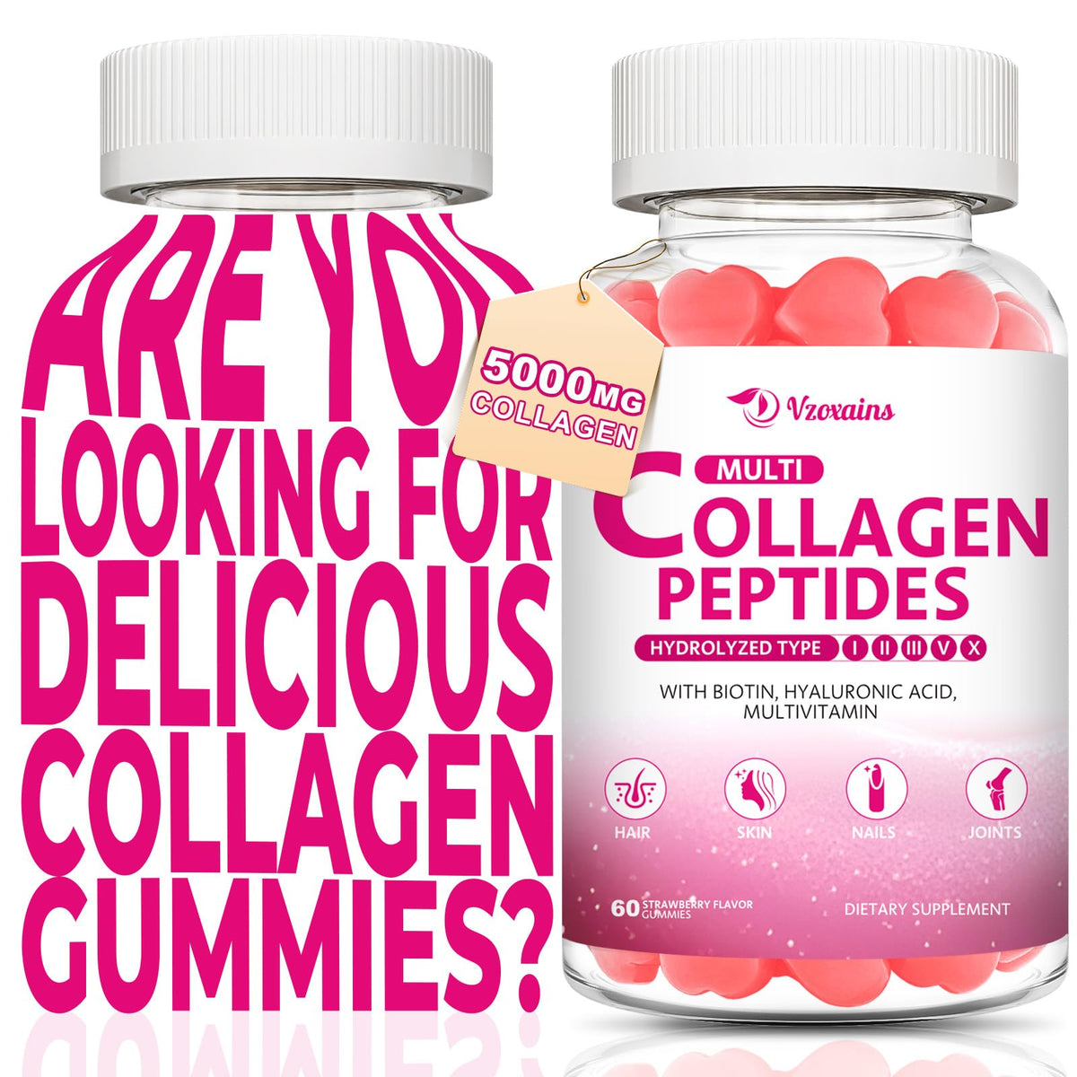 Bottle of Collagen Peptides Gummies 5000MG Strawberry flavor