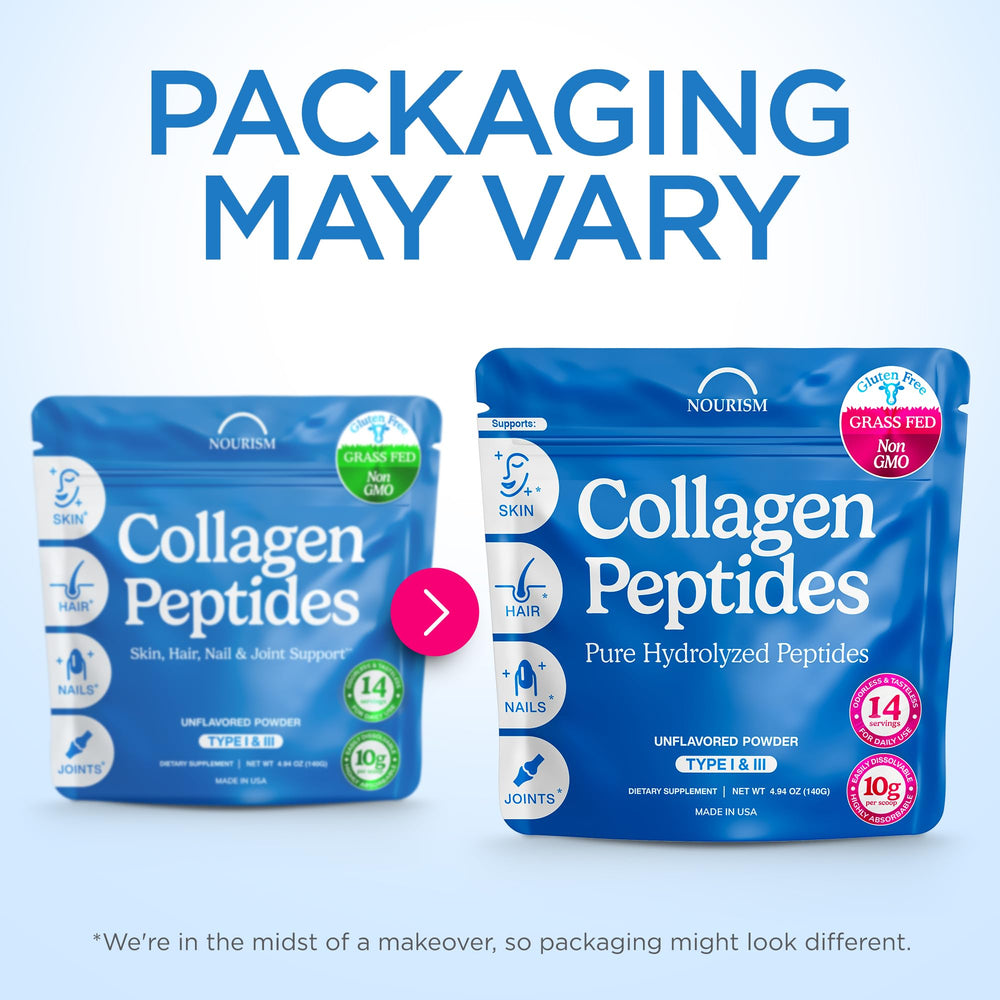 Packaging and bottle of collagen peptides powder on white background