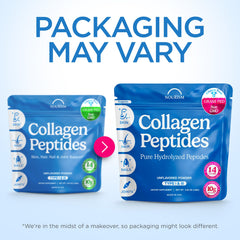 Packaging and bottle of collagen peptides powder on white background