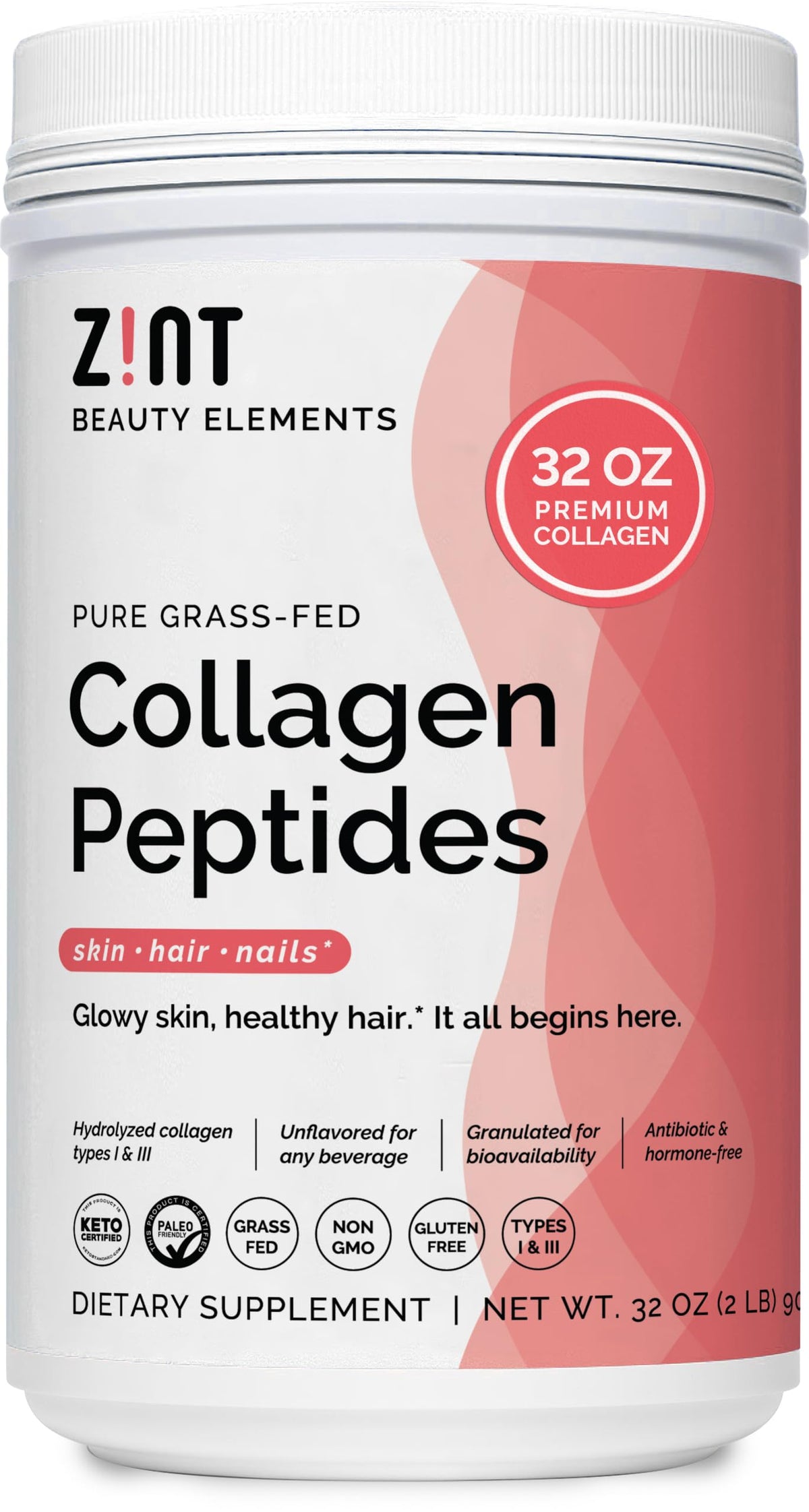 Zint Collagen Peptides Powder XL (32 oz) bottle - unflavored, grass-fed, non-GMO