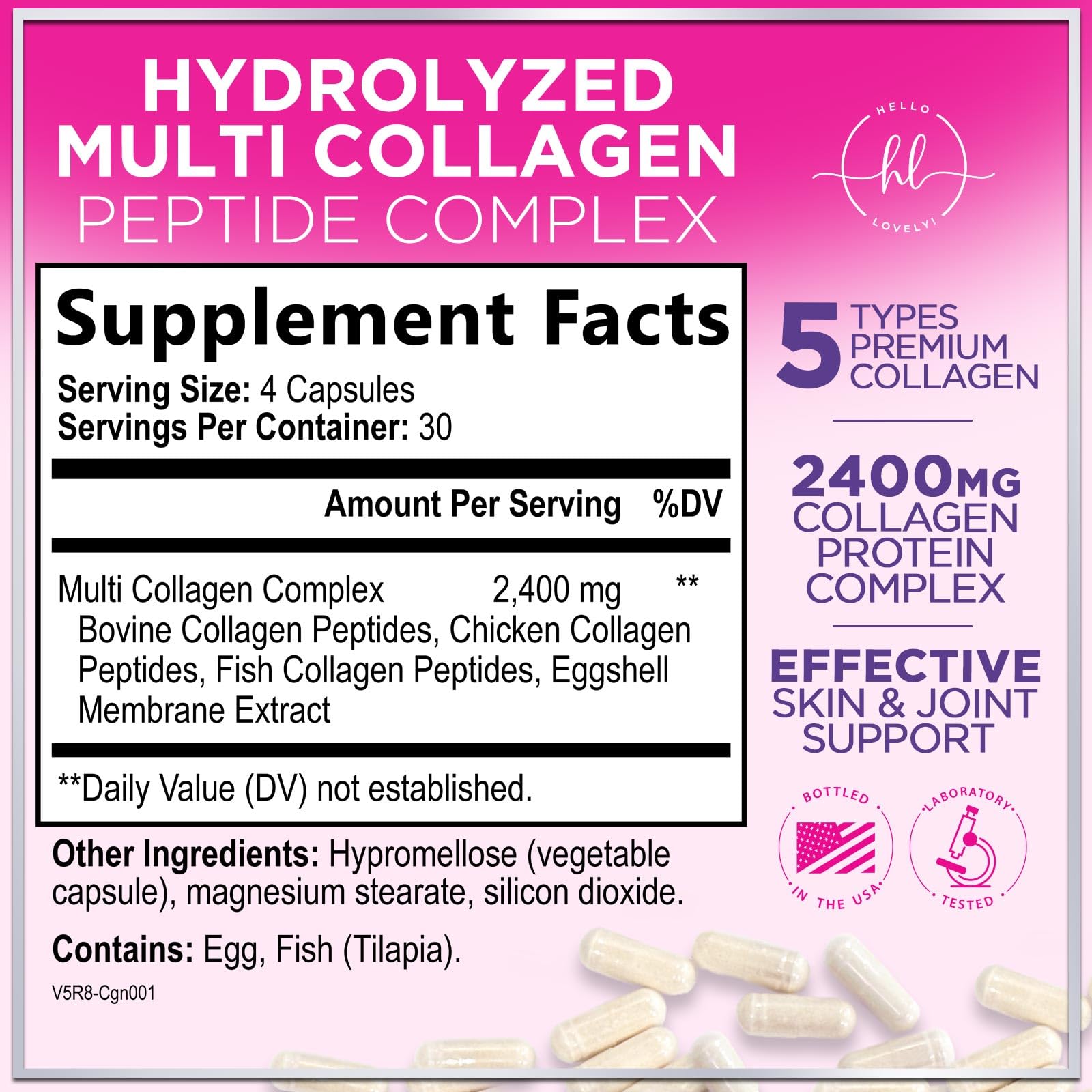 Label showing Types I II III V X collagen blend