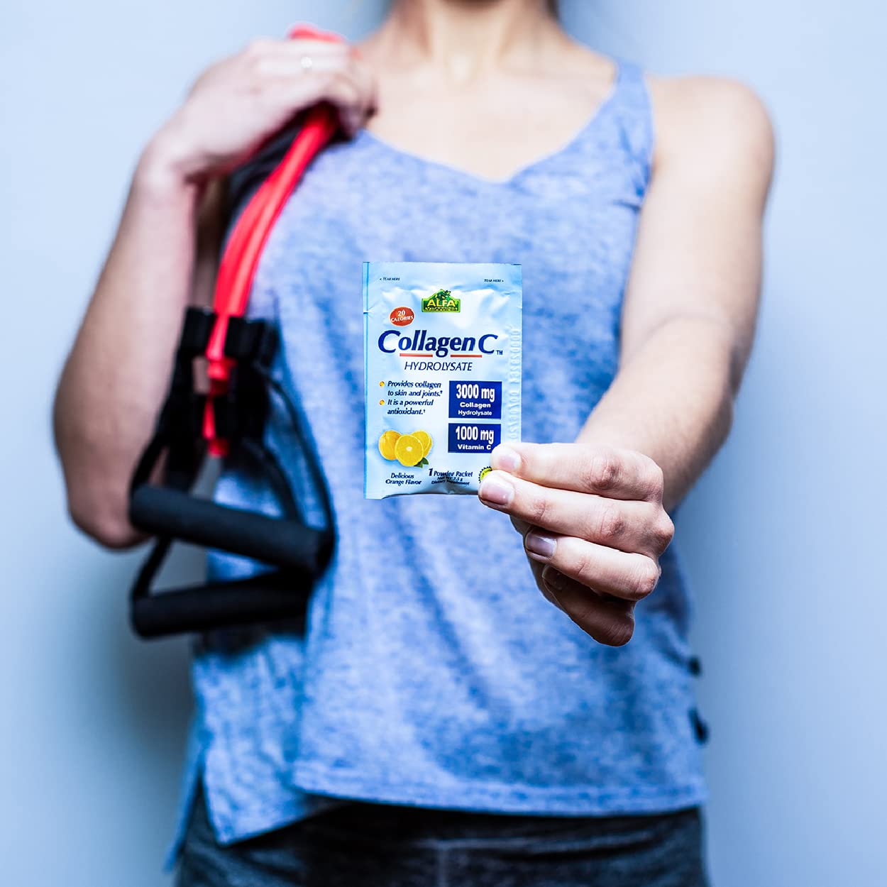 CollagenC powder packaging highlighting no preservatives or GMOs
