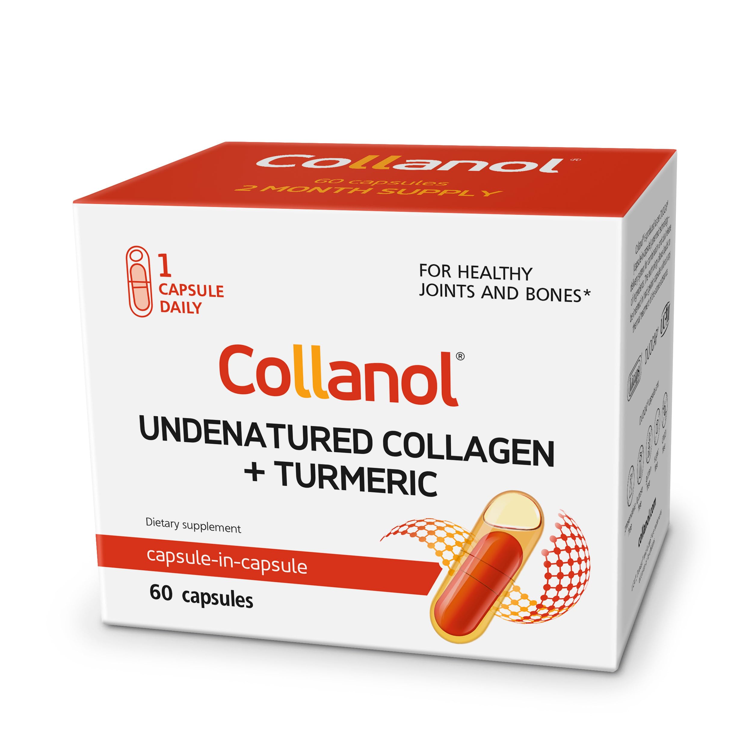 Collanol capsules showing 3D collagen and micelle turmeric for joint health