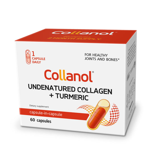 Collanol capsules showing 3D collagen and micelle turmeric for joint health
