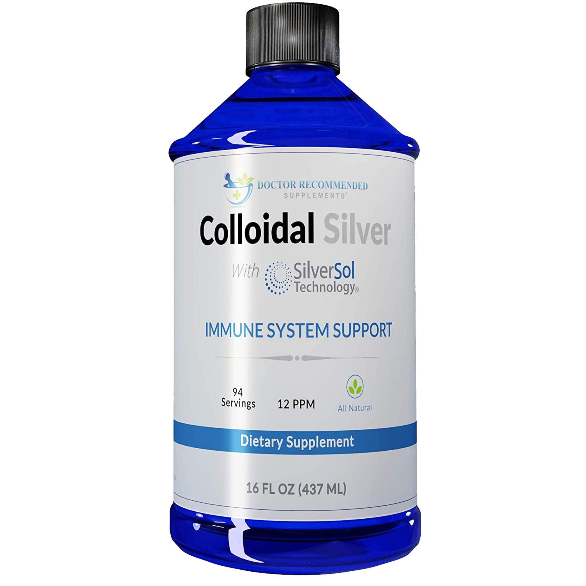 Front view of Colloidal Silver Liquid bottle, 16 oz, 12 PPM