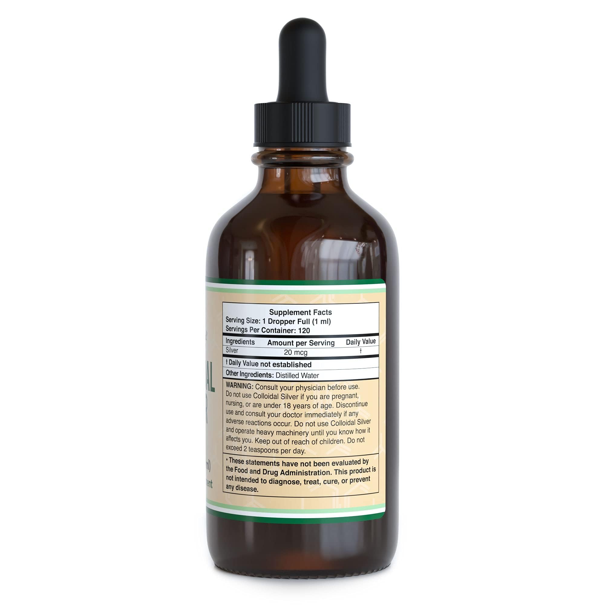 Glass bottle of Colloidal Silver 20 PPM with dropper cap