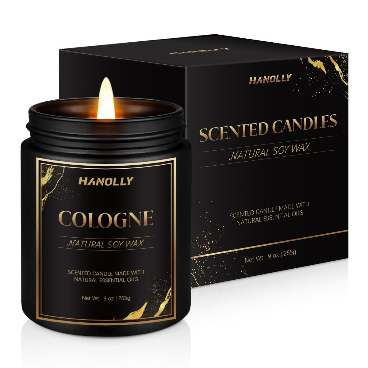 Front view of Cologne Candle in a sleek black jar