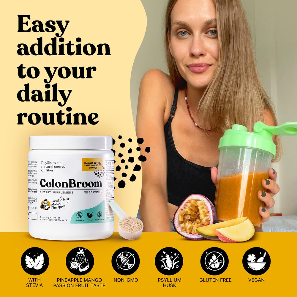 ColonBroom Tropical Fruits label highlights a vibrant daily fiber ritual.