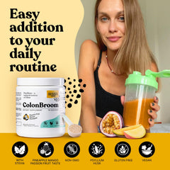 ColonBroom Tropical Fruits label highlights a vibrant daily fiber ritual.