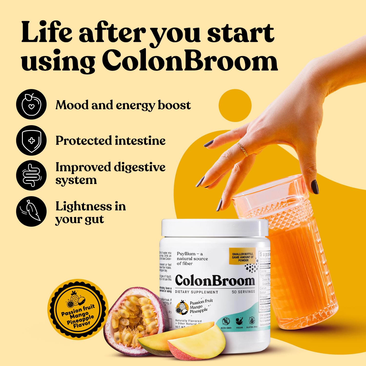 Mixing ColonBroom powder in water creates a refreshing, smooth fiber drink.