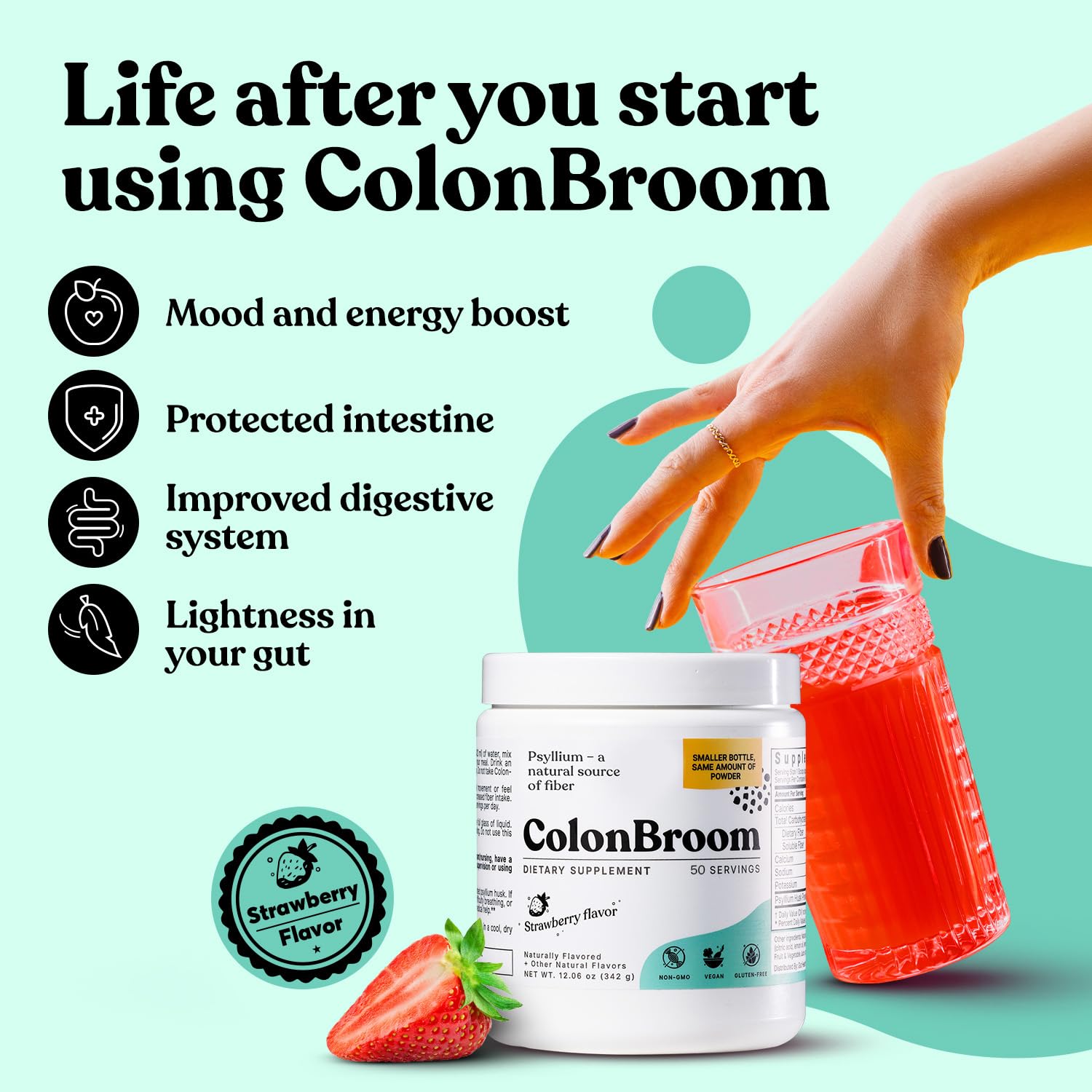 ColonBroom strawberry flavored drink glass ready to mix.