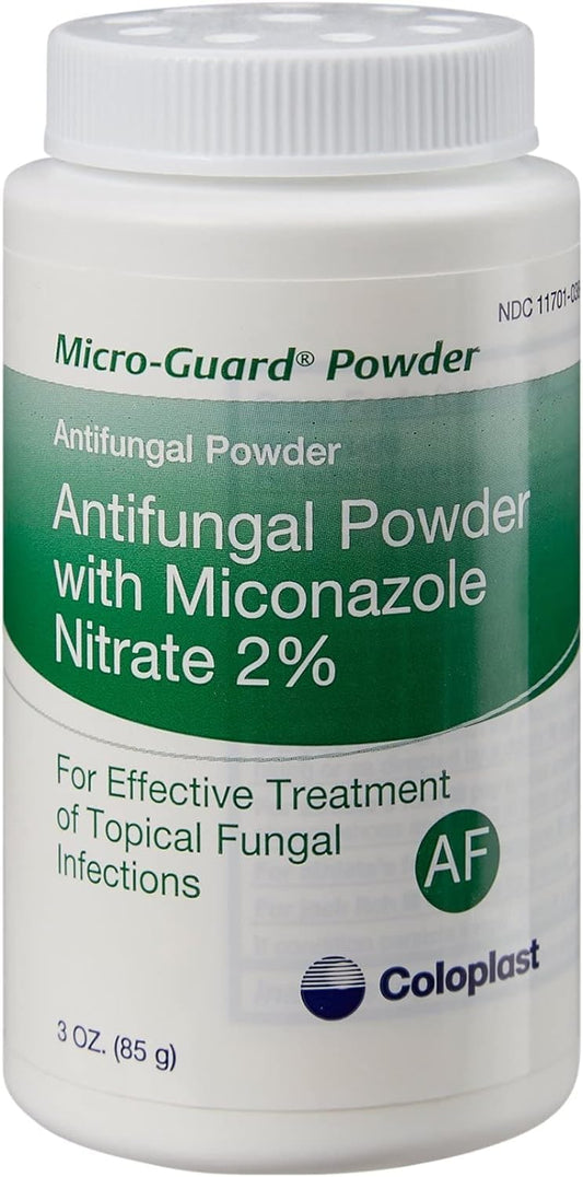 Coloplast Micro-Guard 2% miconazole nitrate label highlights active antifungal ingredient.