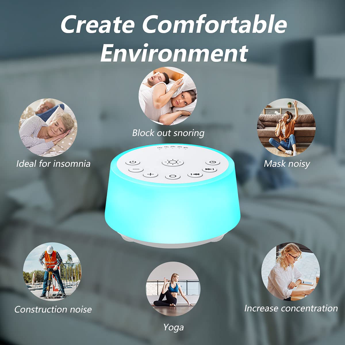 Color Noise sound machine includes adapter for convenient power connection.