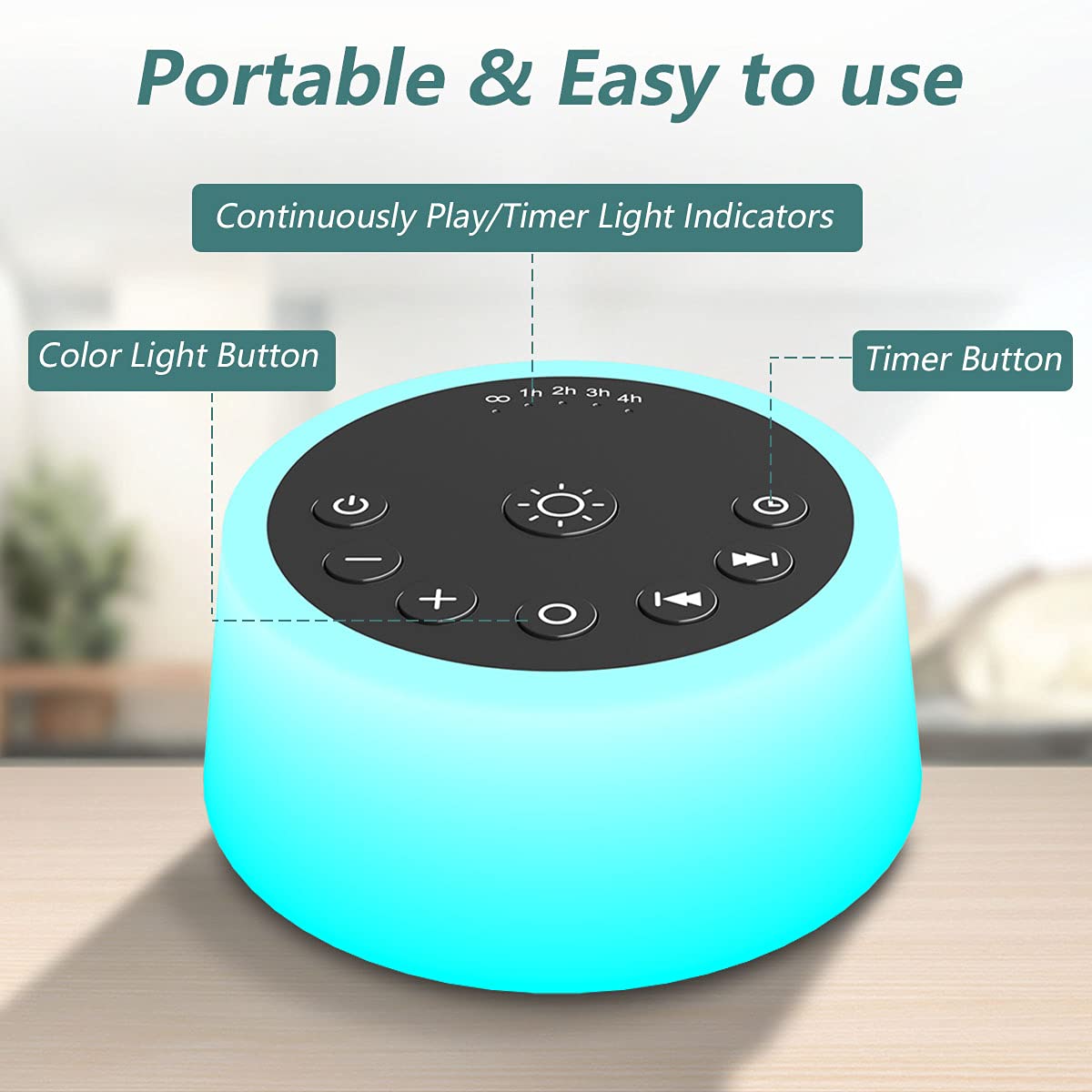 Color Noise memory function saves preferred volume and lighting for easy reuse.